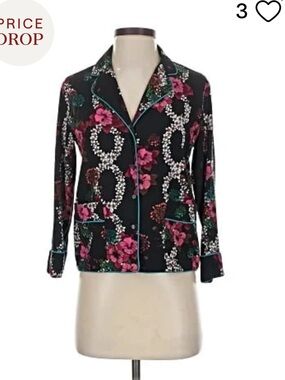 Sandro Paris Black Floral Velvet Button-Front Blazer with Pink Floral Print